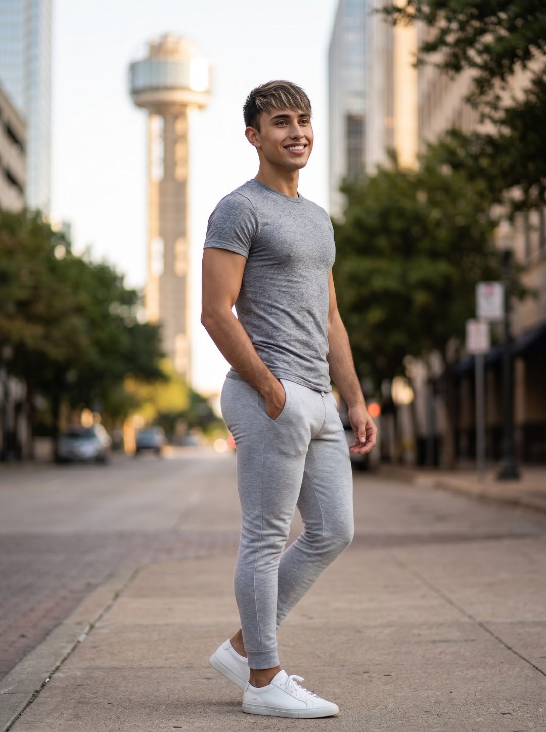 Zack Presas, personal trainer in Dallas, standing on a Downtown Dallas street with Reunion Tower behind